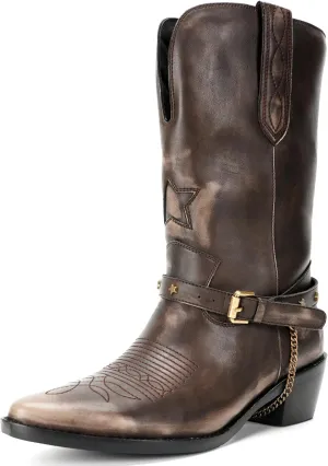 Women's Saddle Brown Star Embroidered Western Boot, Size 8 (US), Medium Width, Block Heel, Buckle & Chain, Casual, All-Season, Perfect for Horse Riding