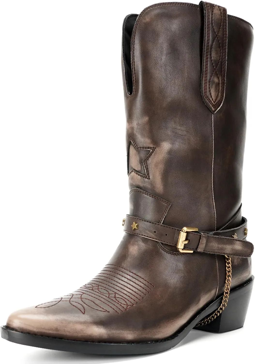 Women's Saddle Brown Star Embroidered Western Boot, Size 8 (US), Medium Width, Block Heel, Buckle & Chain, Casual, All-Season, Perfect for Horse Riding