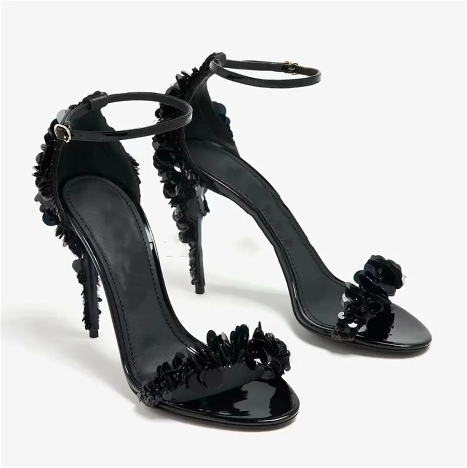 Women's Sequined Flower Sandals, Gold Round Toe Buckle Strap Stilettos