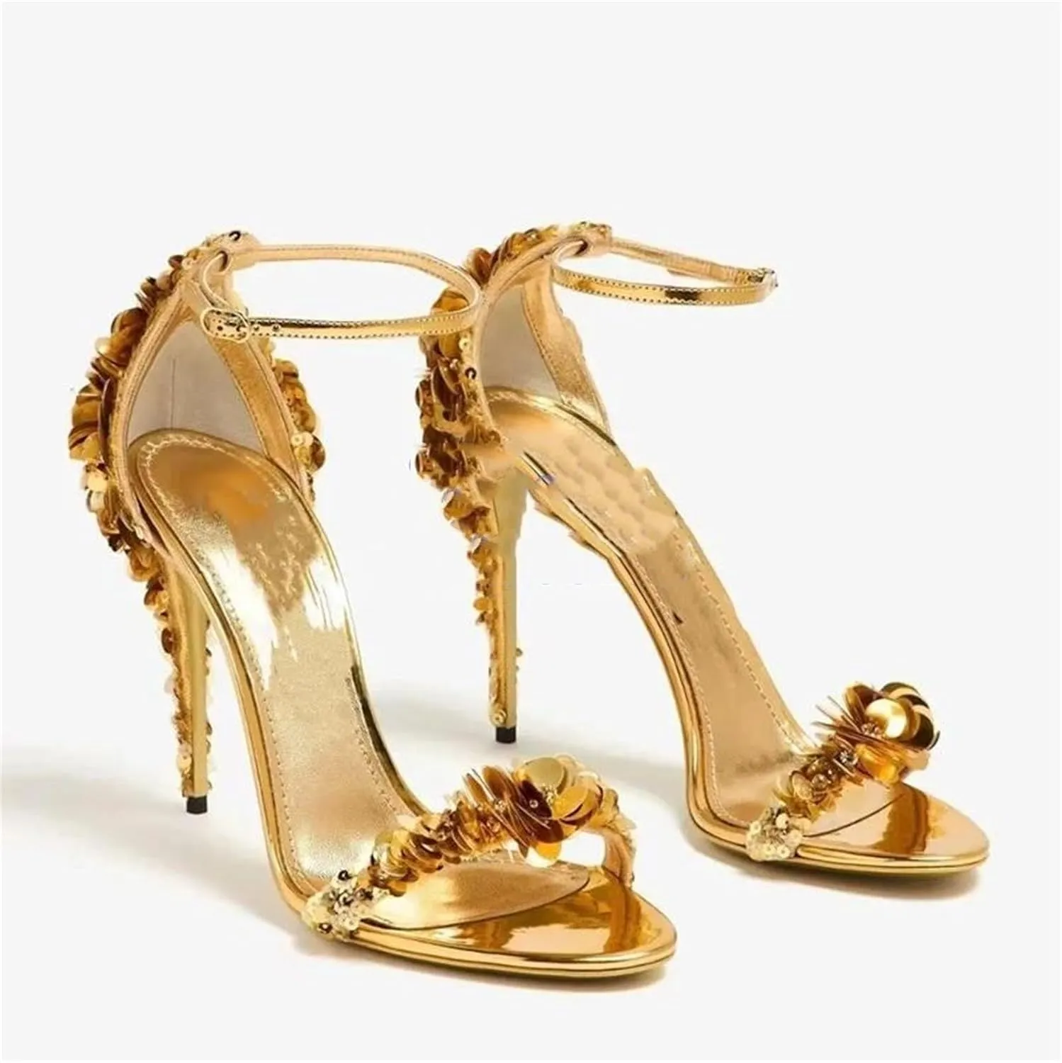 Women's Sequined Flower Sandals, Gold Round Toe Buckle Strap Stilettos