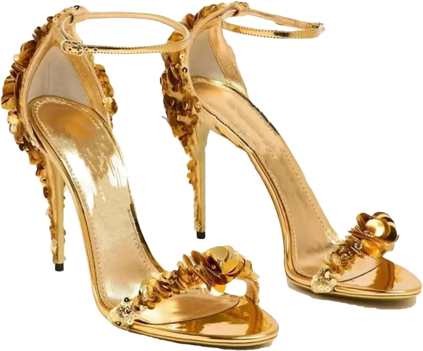 Women's Sequined Flower Sandals, Gold Round Toe Buckle Strap Stilettos