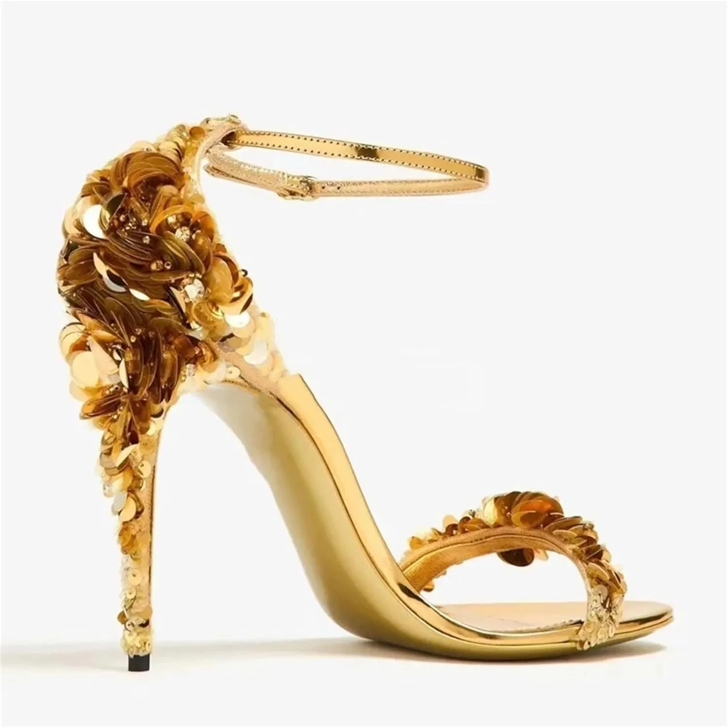 Women's Sequined Flower Sandals, Gold Round Toe Buckle Strap Stilettos