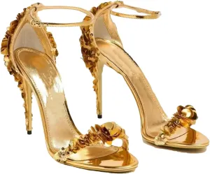 Women's Sequined Flower Sandals, Gold Round Toe Buckle Strap Stilettos