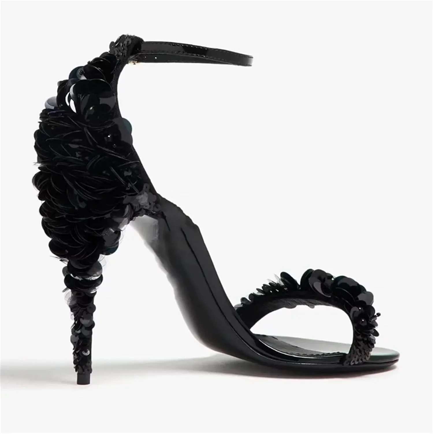 Women's Sequined Flower Sandals, Gold Round Toe Buckle Strap Stilettos