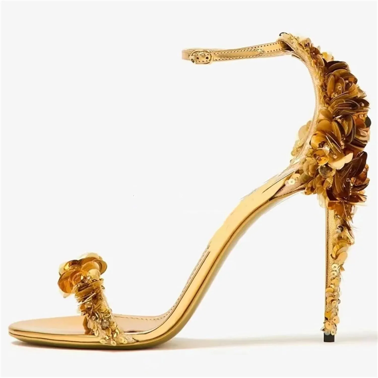 Women's Sequined Flower Sandals, Gold Round Toe Buckle Strap Stilettos