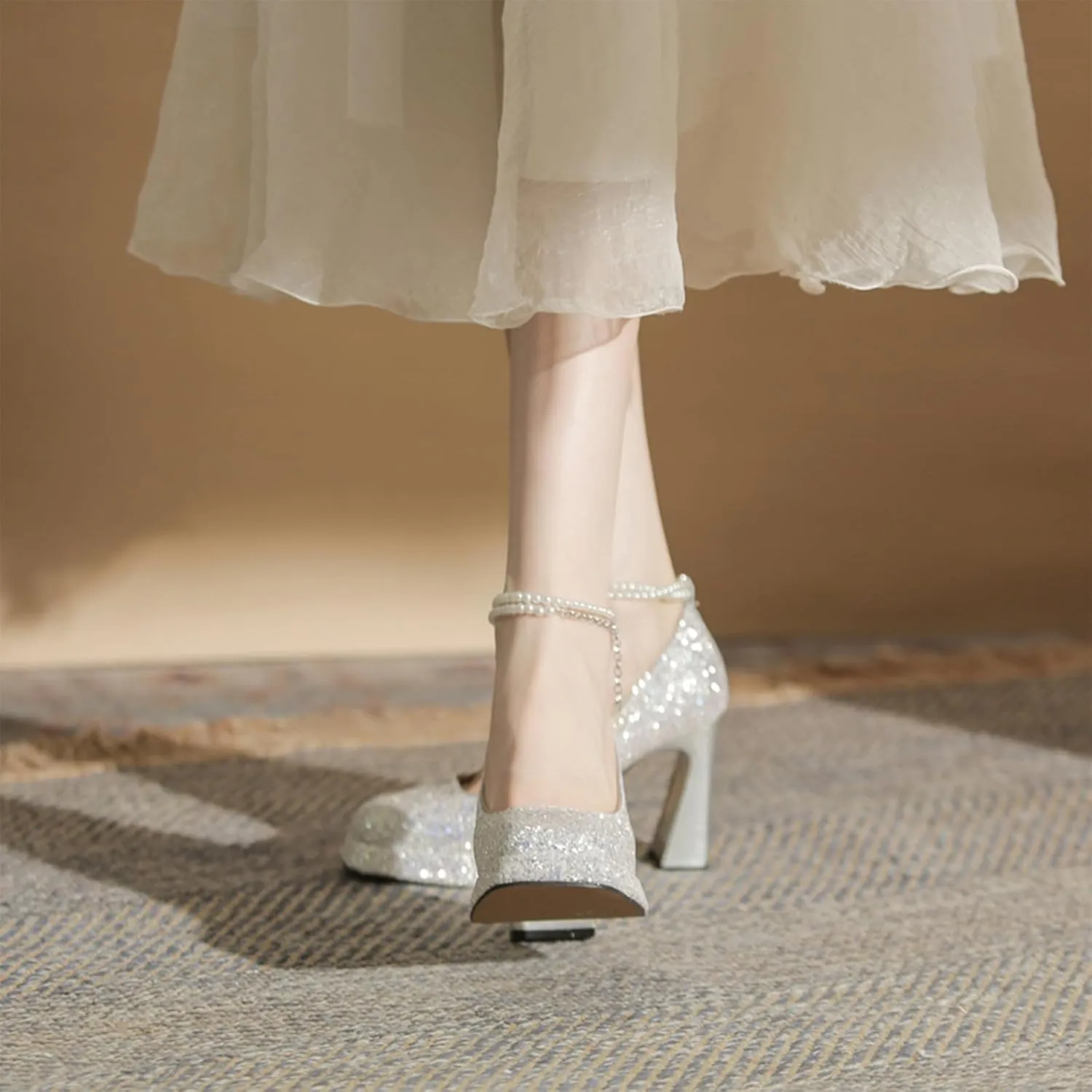 Women's Shiny Sequin Platform Chunky Heel Pumps Fashion Pearl Ankle Strap Square Closed Toe High Heel Dress Shoes for Wedding Evening Dating