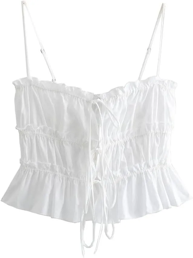 Women's Spaghetti Straps Backless Lace-Up Style Ruffled Short Top Casual Bohemian Tops