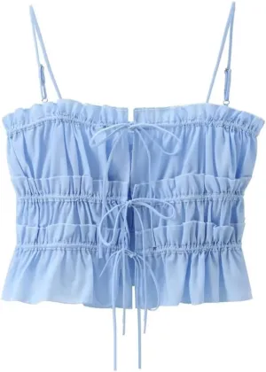 Women's Spaghetti Straps Backless Lace-Up Style Ruffled Short Top Casual Bohemian Tops