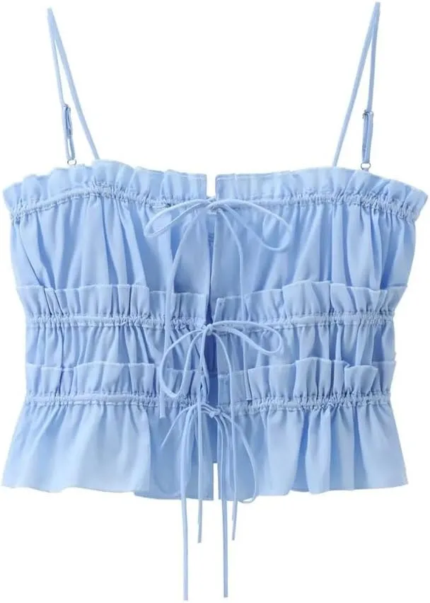 Women's Spaghetti Straps Backless Lace-Up Style Ruffled Short Top Casual Bohemian Tops