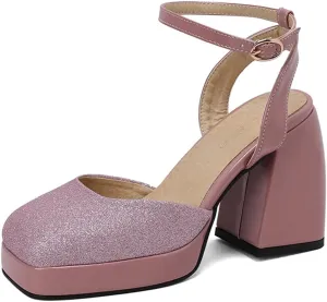 Women's Sparkly Platform Heels Chunky High Heel Sandals Sequined Cloth Sandals