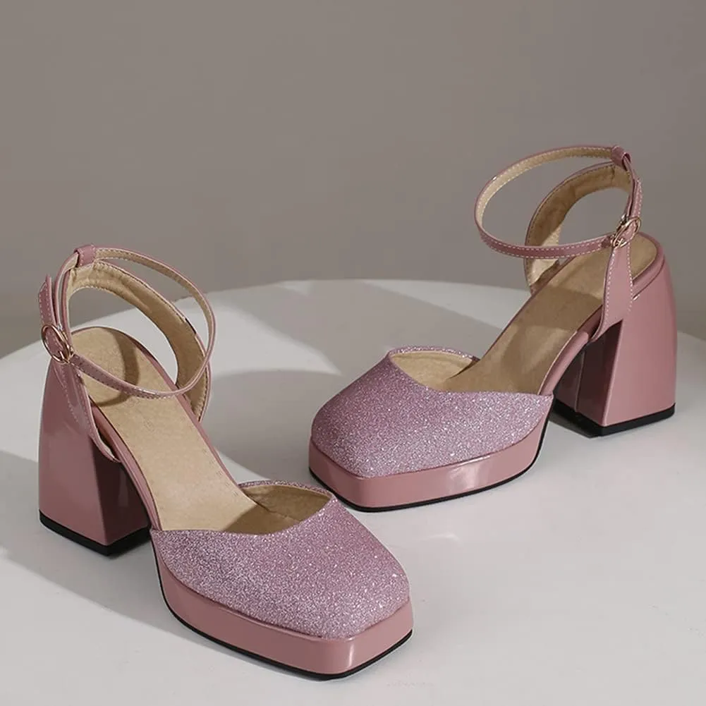 Women's Sparkly Platform Heels Chunky High Heel Sandals Sequined Cloth Sandals