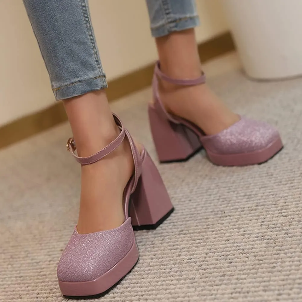 Women's Sparkly Platform Heels Chunky High Heel Sandals Sequined Cloth Sandals