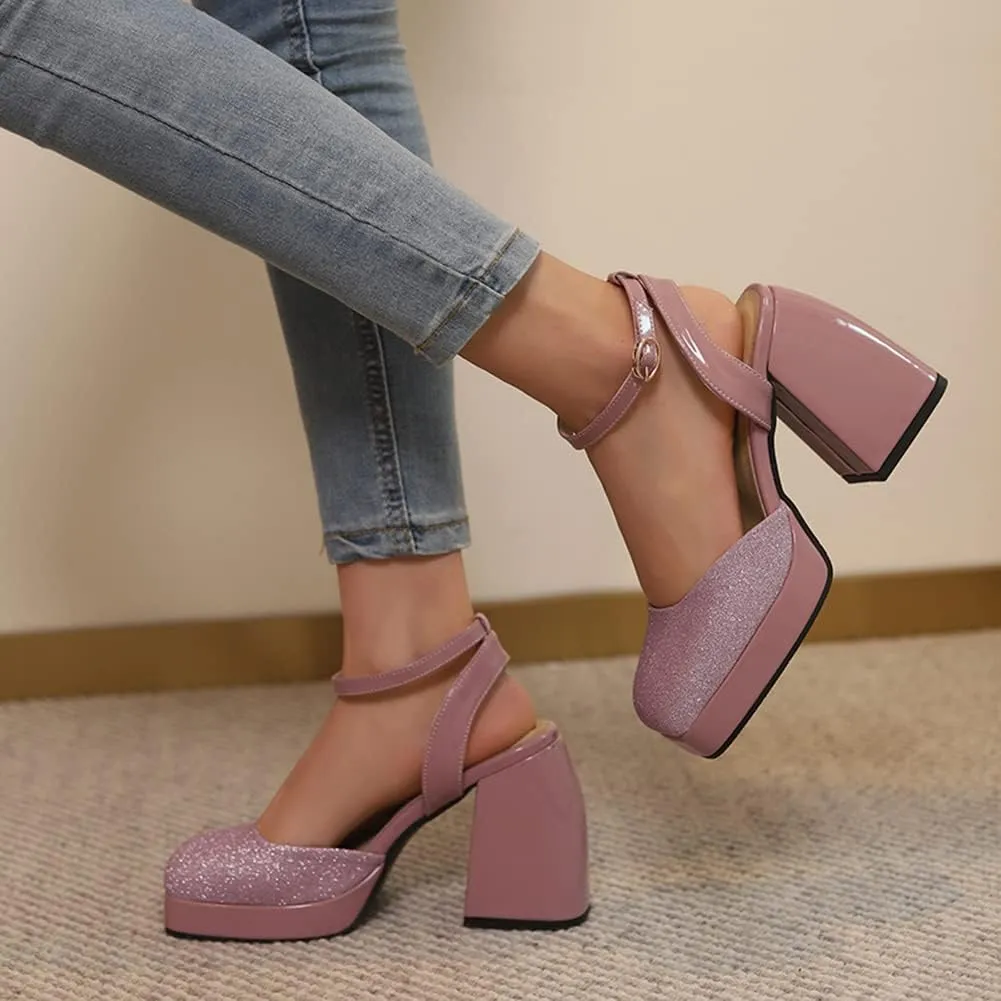 Women's Sparkly Platform Heels Chunky High Heel Sandals Sequined Cloth Sandals