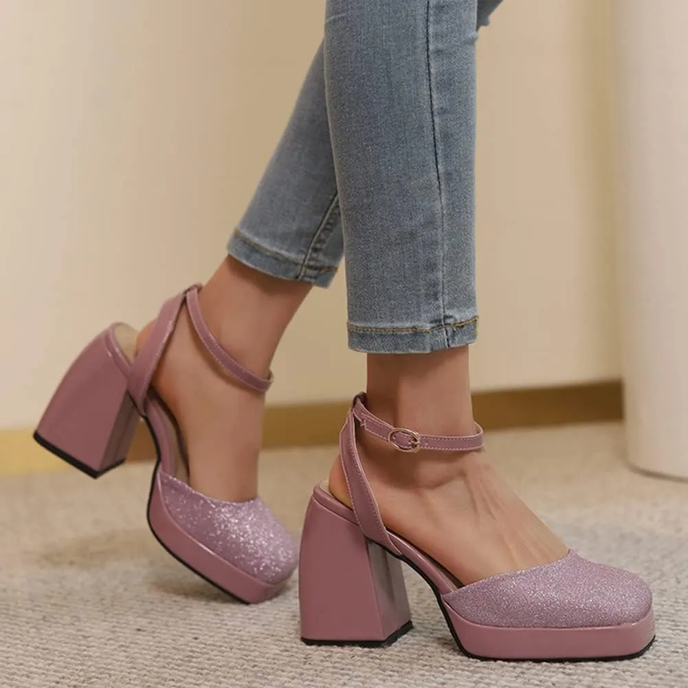 Women's Sparkly Platform Heels Chunky High Heel Sandals Sequined Cloth Sandals