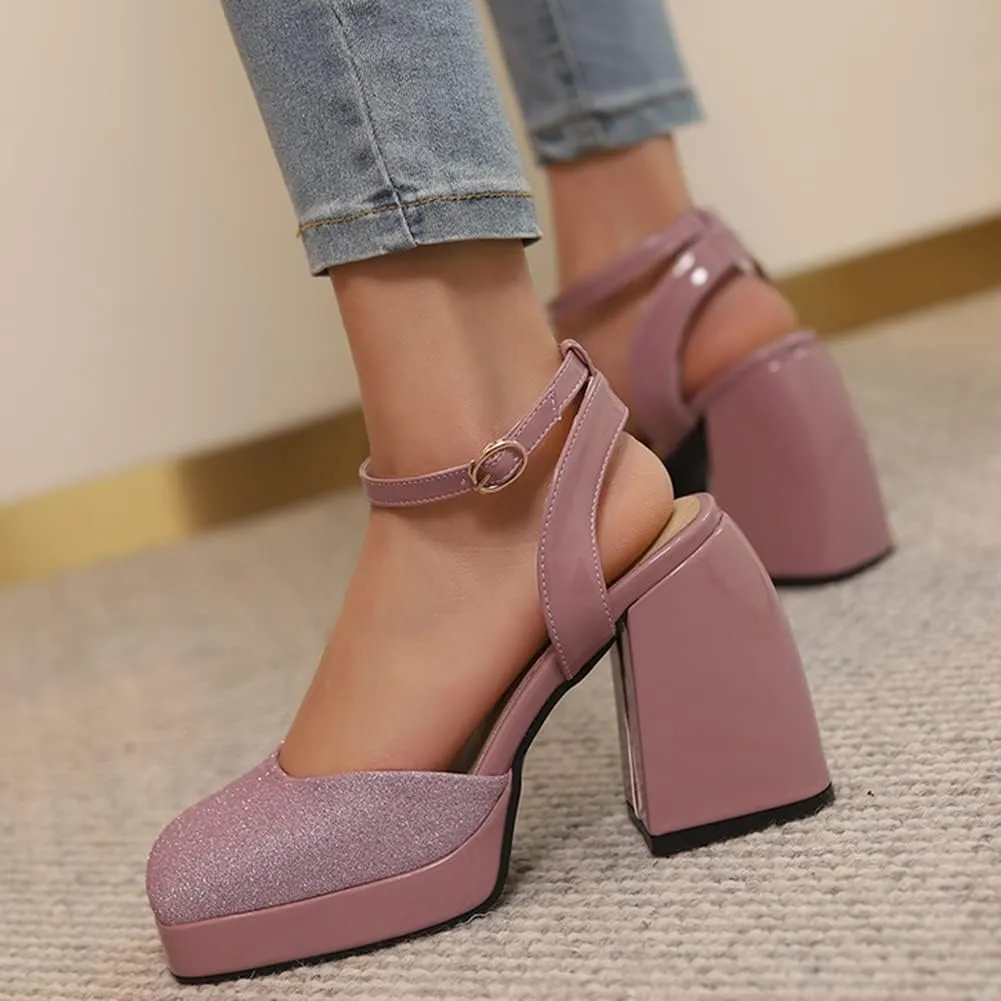 Women's Sparkly Platform Heels Chunky High Heel Sandals Sequined Cloth Sandals