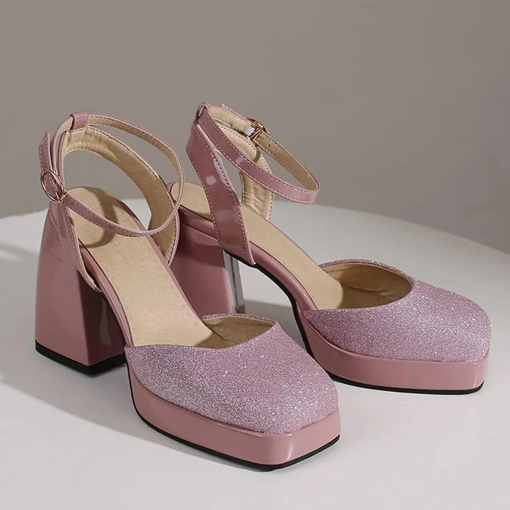 Women's Sparkly Platform Heels Chunky High Heel Sandals Sequined Cloth Sandals