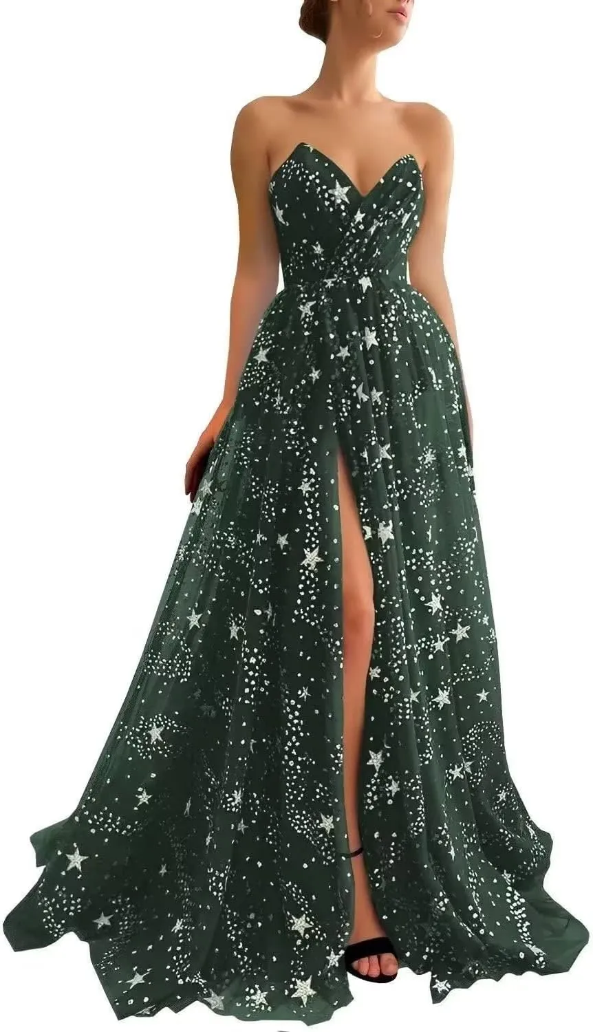 Women's Sparkly Starry V Neck Split Prom Dresses Long Glitter Sequined Tulle Evening Formal Gowns