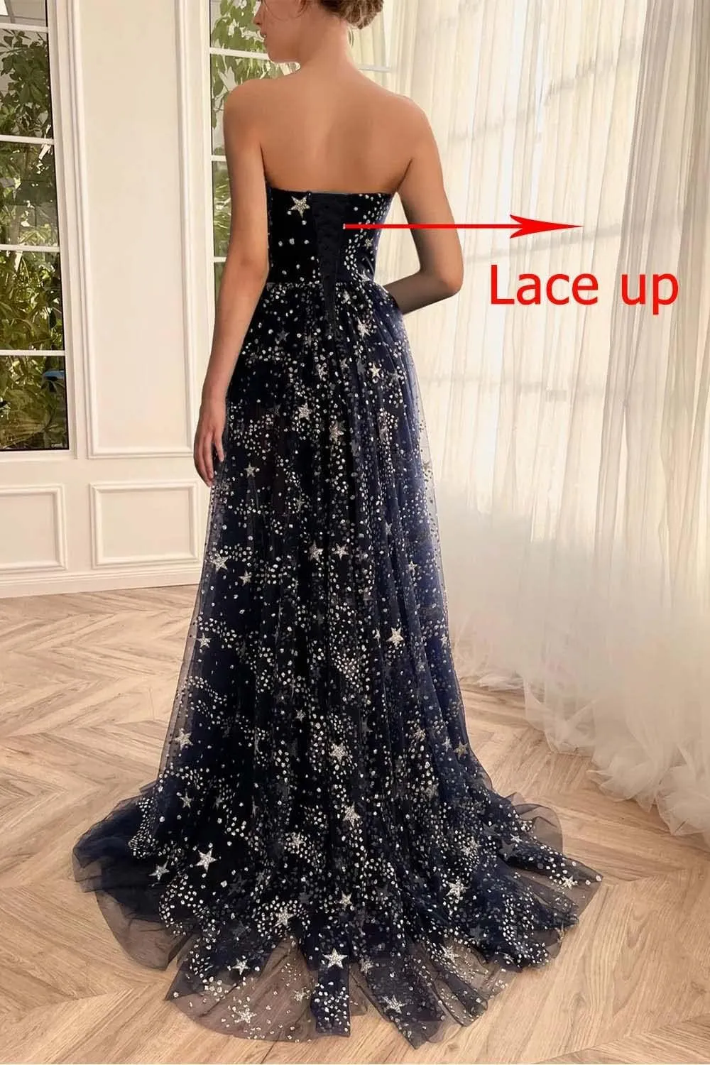 Women's Sparkly Starry V Neck Split Prom Dresses Long Glitter Sequined Tulle Evening Formal Gowns