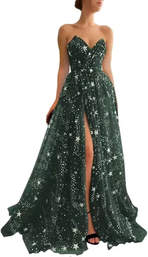 Women's Sparkly Starry V Neck Split Prom Dresses Long Glitter Sequined Tulle Evening Formal Gowns