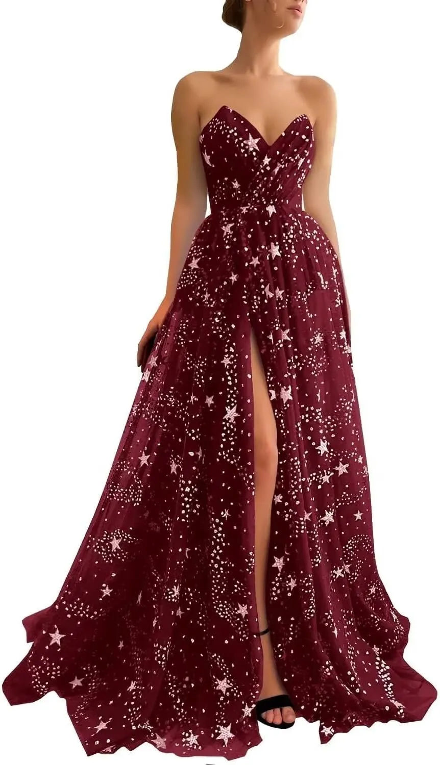 Women's Sparkly Starry V Neck Split Prom Dresses Long Glitter Sequined Tulle Evening Formal Gowns