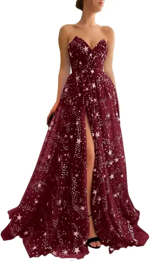 Women's Sparkly Starry V Neck Split Prom Dresses Long Glitter Sequined Tulle Evening Formal Gowns