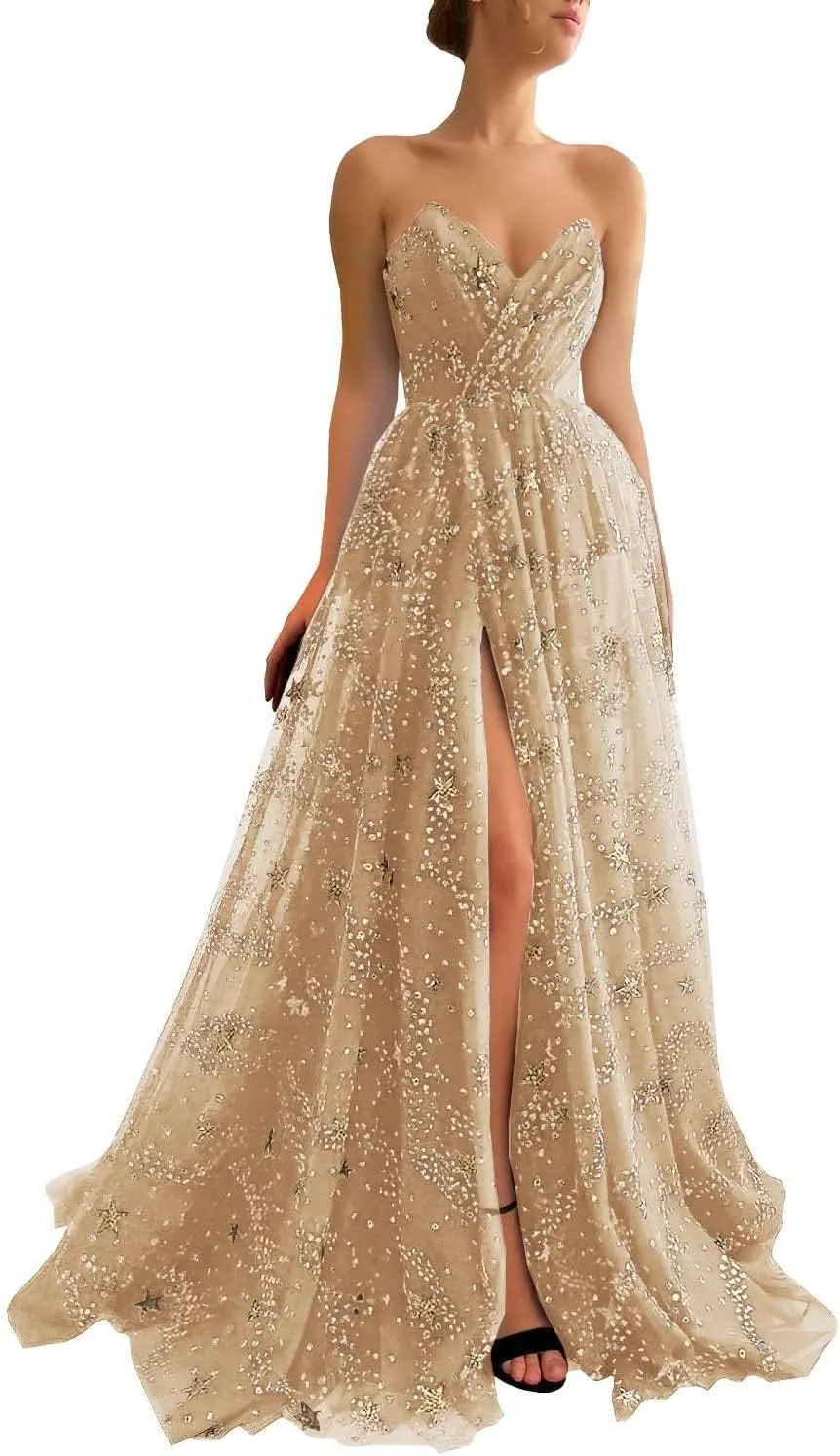 Women's Sparkly Starry V Neck Split Prom Dresses Long Glitter Sequined Tulle Evening Formal Gowns