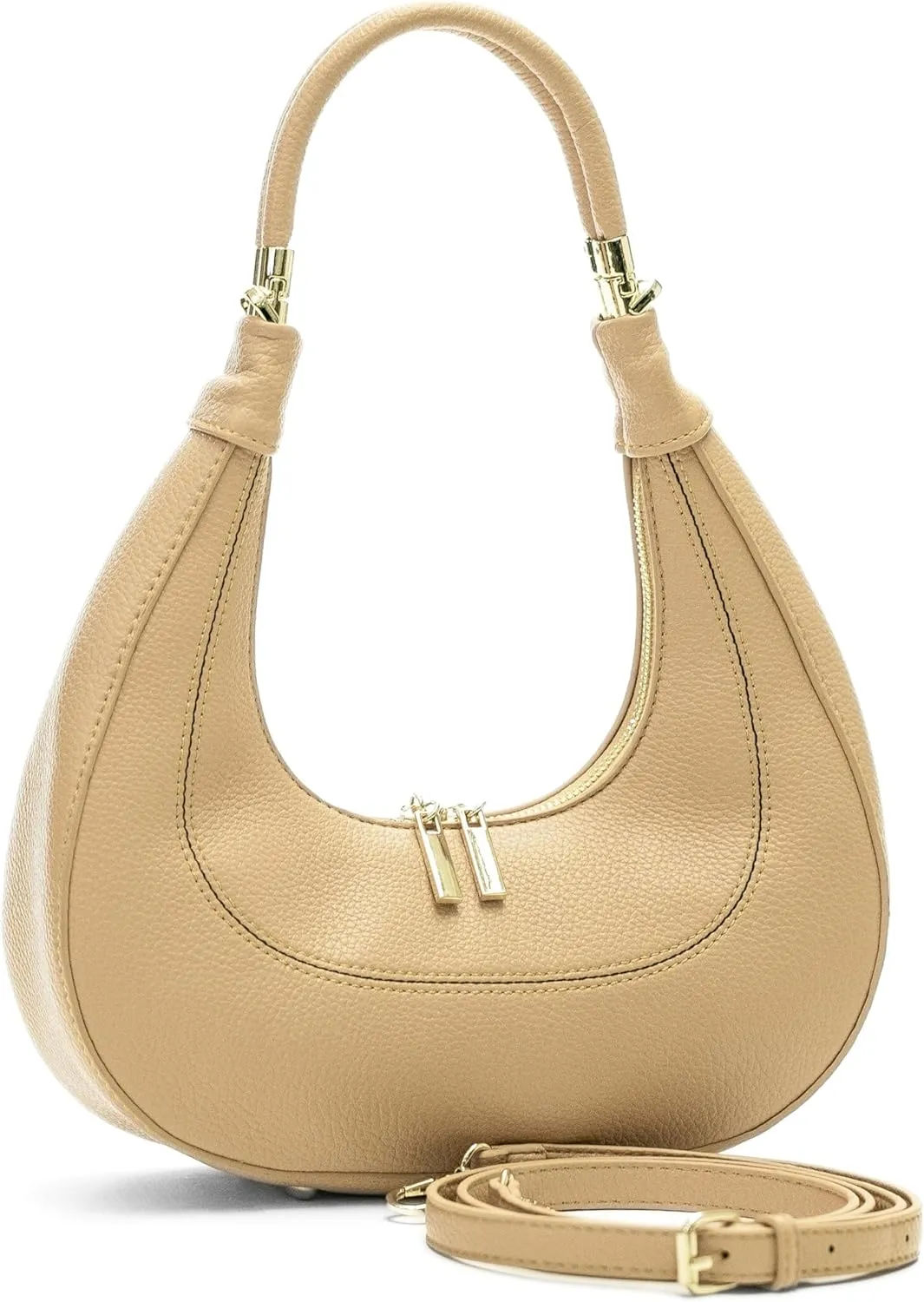 Women's Structured Faux Leather Half Moon Shoulder Bag with Top Handle and Long Strap – Selene
