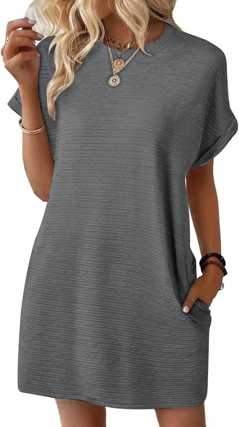 Womens Summer Dresses Fashion 2025 Short Sleeve Spring Mini Dress Striped Textured Ribbed Tshirt Shift Sundress