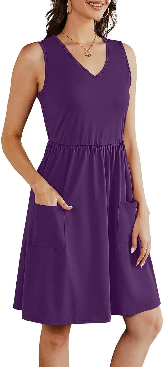 Womens Summer Dresses with Pockets Casual V Neck Sleeveless Pleated Knee Length A Line Dress Beach Vacation Sundress