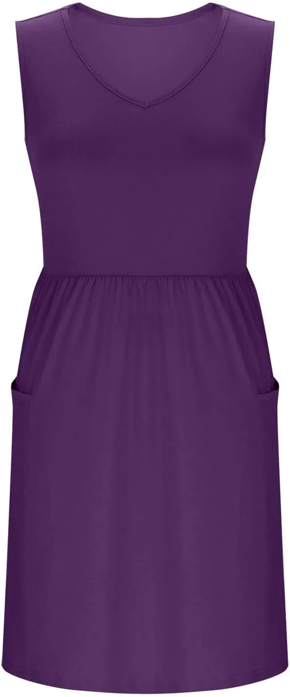 Womens Summer Dresses with Pockets Casual V Neck Sleeveless Pleated Knee Length A Line Dress Beach Vacation Sundress