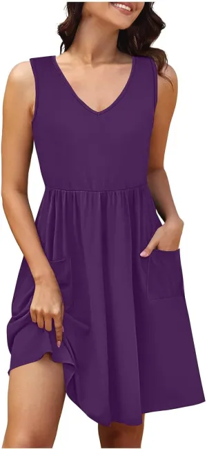 Womens Summer Dresses with Pockets Casual V Neck Sleeveless Pleated Knee Length A Line Dress Beach Vacation Sundress