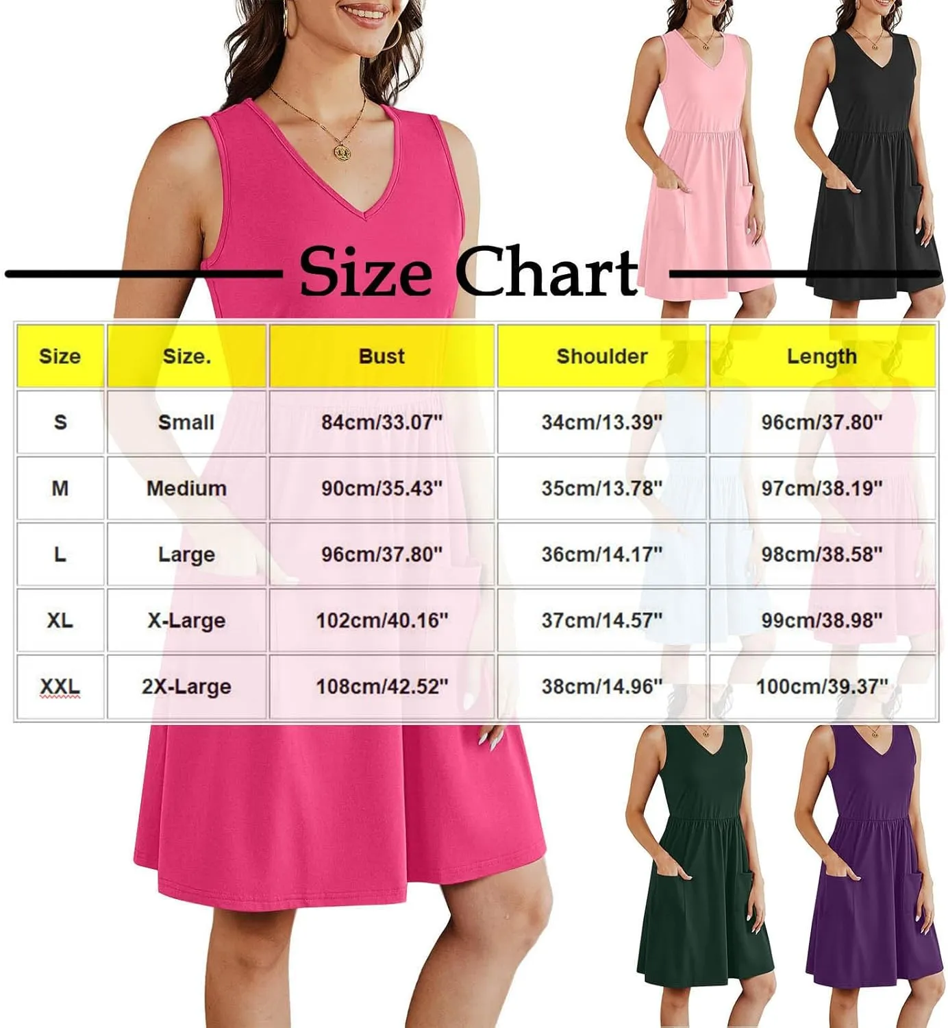 Womens Summer Dresses with Pockets Casual V Neck Sleeveless Pleated Knee Length A Line Dress Beach Vacation Sundress