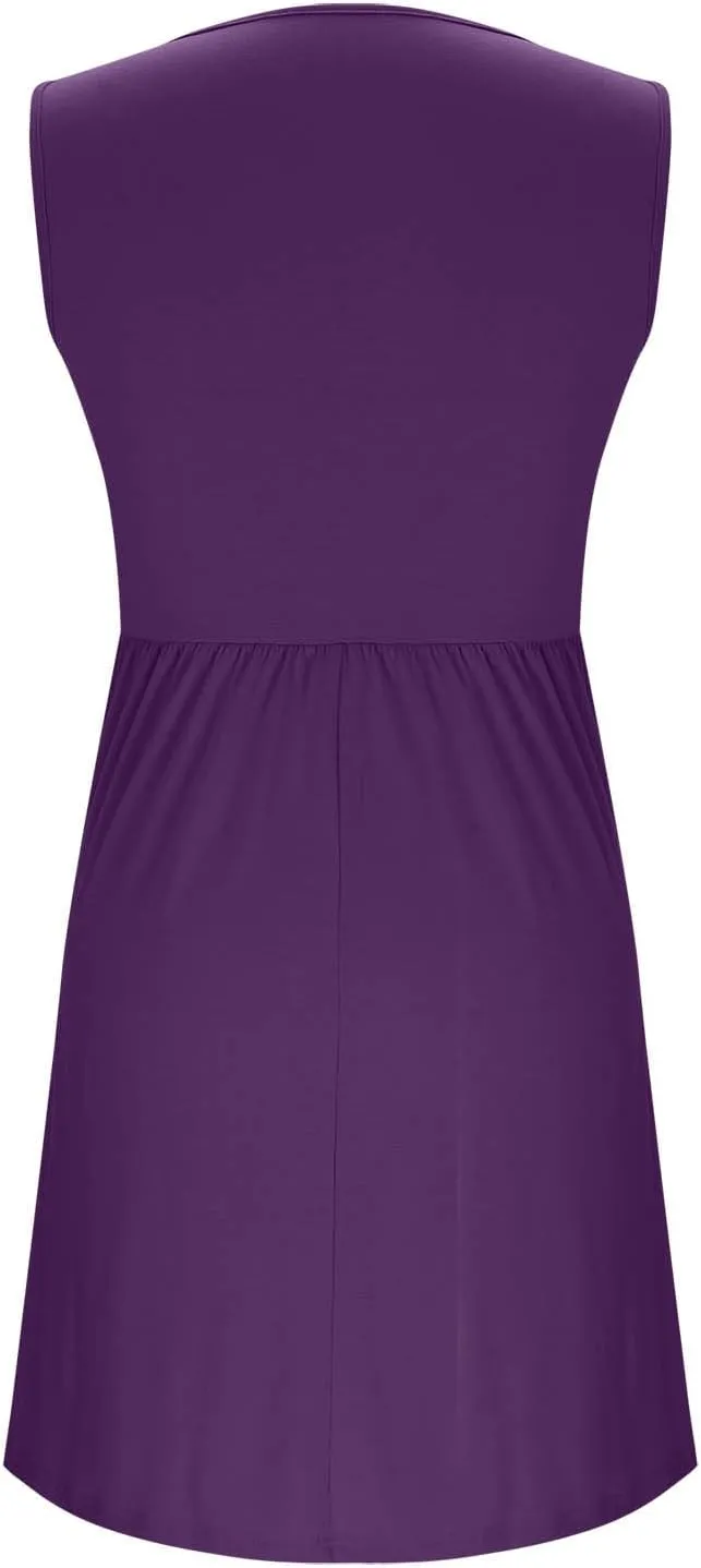 Womens Summer Dresses with Pockets Casual V Neck Sleeveless Pleated Knee Length A Line Dress Beach Vacation Sundress