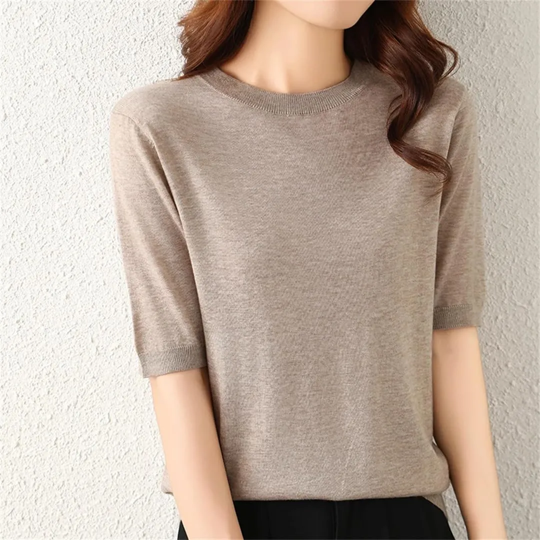 Women's Summer Knitted Short Sleeved Worsted Spun Thin Knitted Pullover T-Shirt Sweater