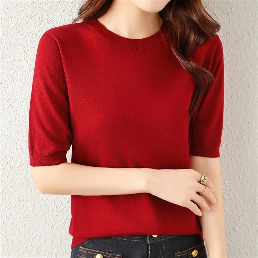 Women's Summer Knitted Short Sleeved Worsted Spun Thin Knitted Pullover T-Shirt Sweater