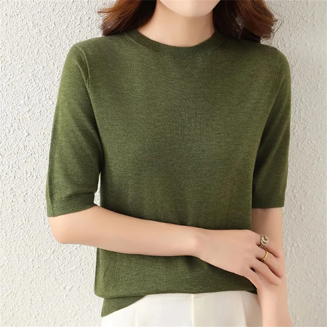 Women's Summer Knitted Short Sleeved Worsted Spun Thin Knitted Pullover T-Shirt Sweater