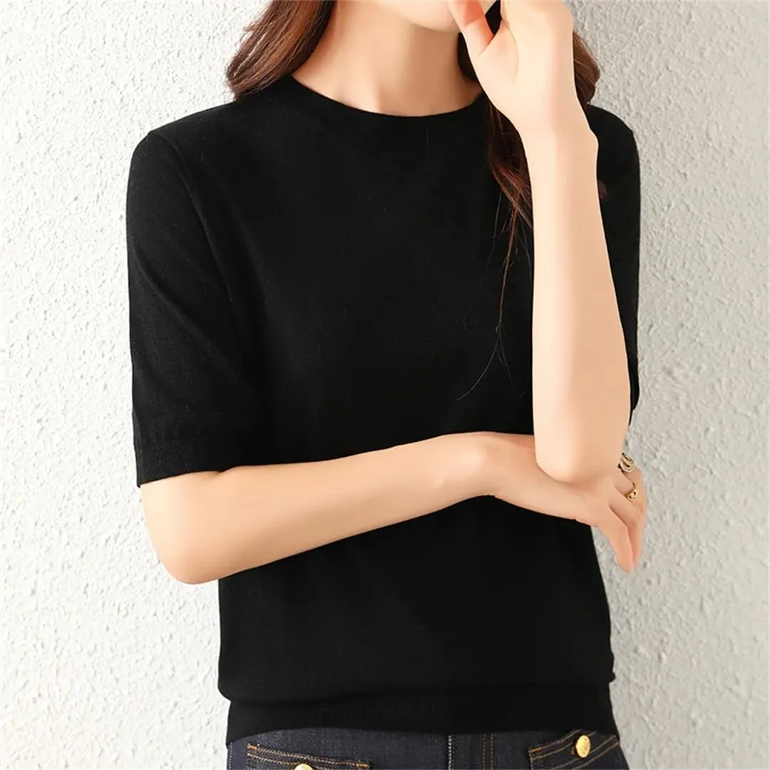 Women's Summer Knitted Short Sleeved Worsted Spun Thin Knitted Pullover T-Shirt Sweater