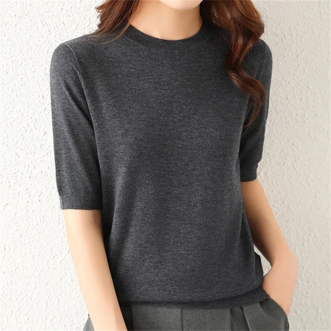 Women's Summer Knitted Short Sleeved Worsted Spun Thin Knitted Pullover T-Shirt Sweater
