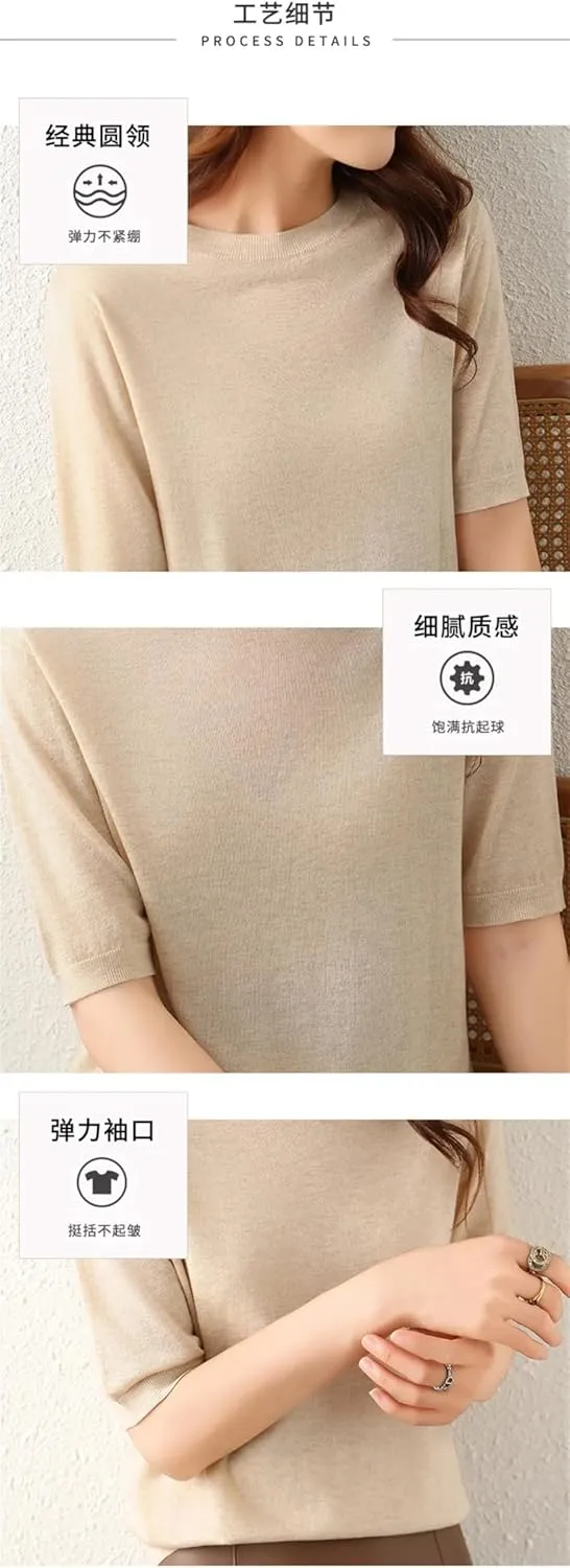 Women's Summer Knitted Short Sleeved Worsted Spun Thin Knitted Pullover T-Shirt Sweater