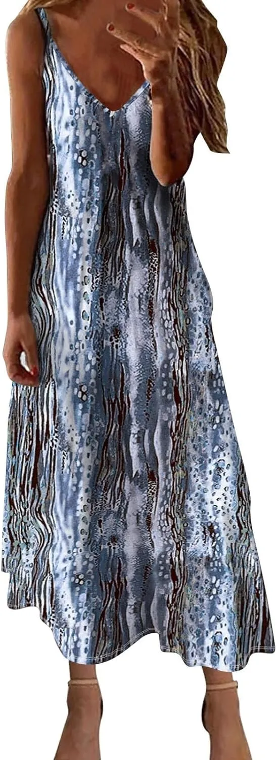 Womens Summer Maxi Dress Casual Boho Floral Spaghetti Strap Beach Coverups Fashion Long Flowy Vacation Sundress