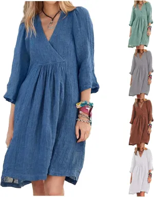 Womens Summer Midi Dresses Cotton Linen Dress V Neck Half Sleeve Loose Dresses Fashion Lightweight Casual Sundress