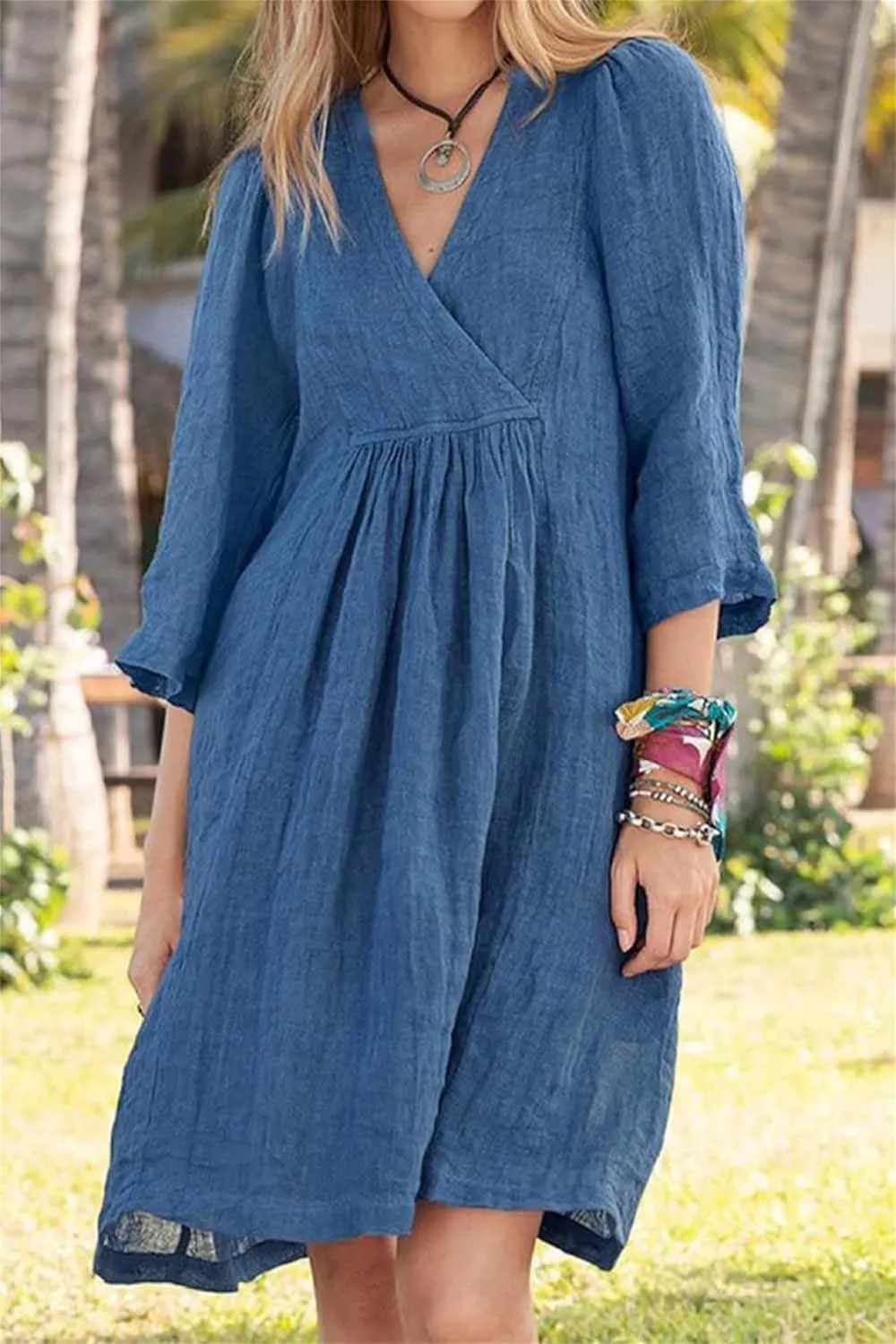 Womens Summer Midi Dresses Cotton Linen Dress V Neck Half Sleeve Loose Dresses Fashion Lightweight Casual Sundress