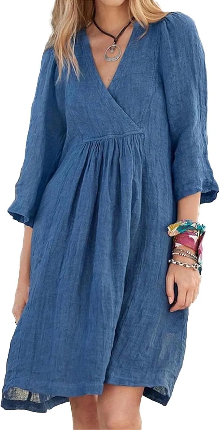 Womens Summer Midi Dresses Cotton Linen Dress V Neck Half Sleeve Loose Dresses Fashion Lightweight Casual Sundress