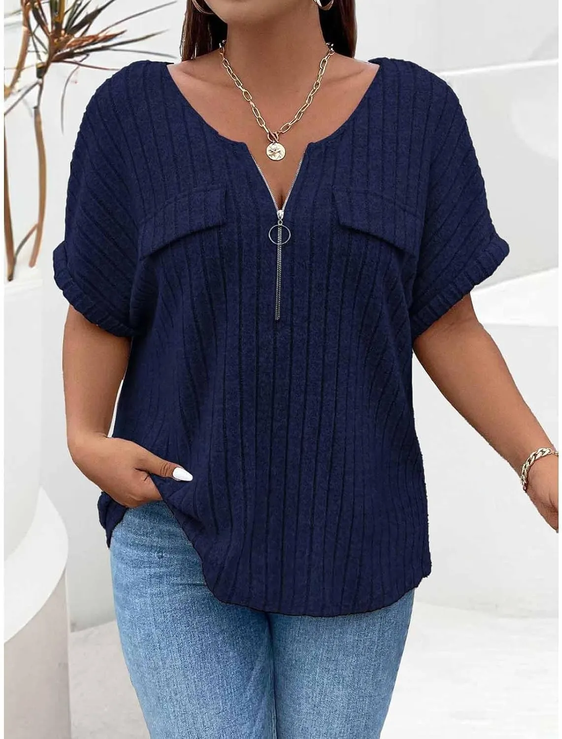 Womens Top Dressy Casual Short Sleeve Blouses V Neck Shirts 2025 Trendy Summer Loose Fit Zip-up Work Layering Shirts