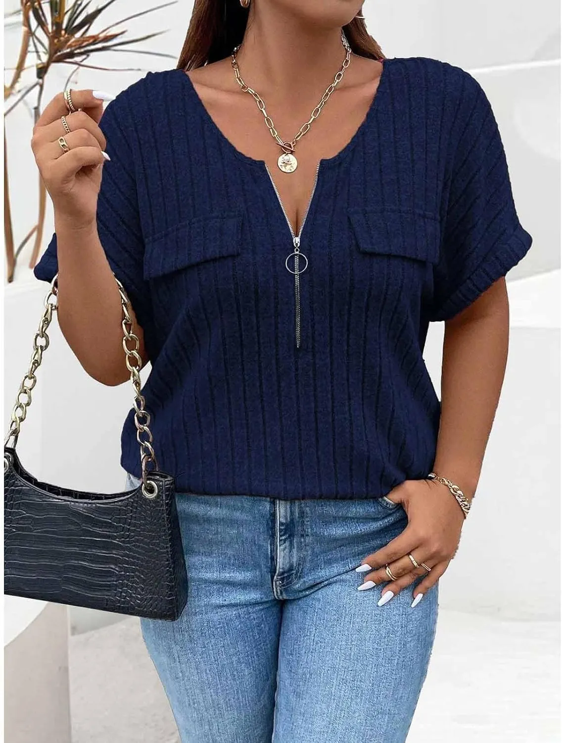 Womens Top Dressy Casual Short Sleeve Blouses V Neck Shirts 2025 Trendy Summer Loose Fit Zip-up Work Layering Shirts