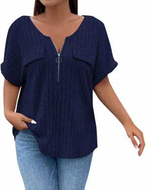 Womens Top Dressy Casual Short Sleeve Blouses V Neck Shirts 2025 Trendy Summer Loose Fit Zip-up Work Layering Shirts