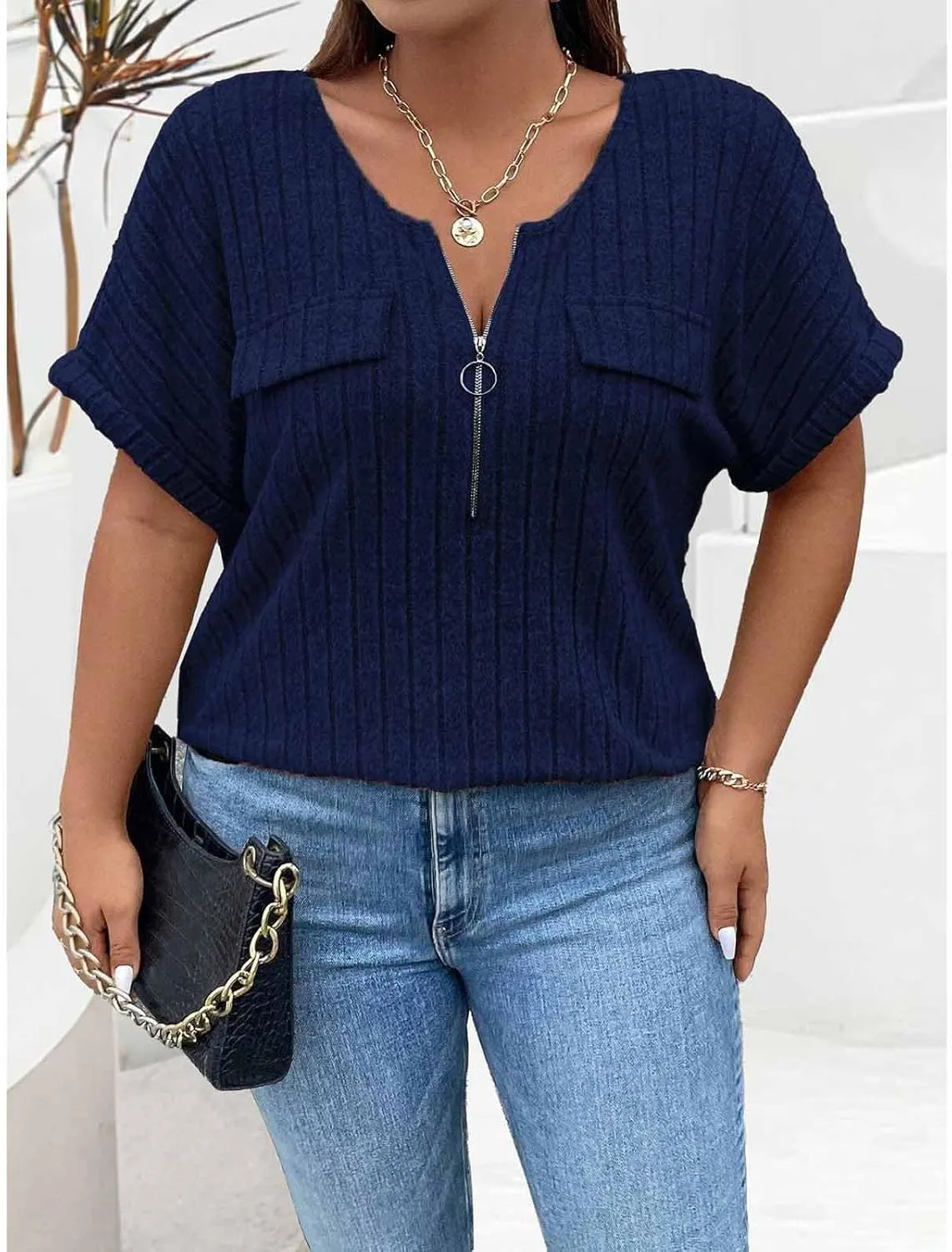 Womens Top Dressy Casual Short Sleeve Blouses V Neck Shirts 2025 Trendy Summer Loose Fit Zip-up Work Layering Shirts