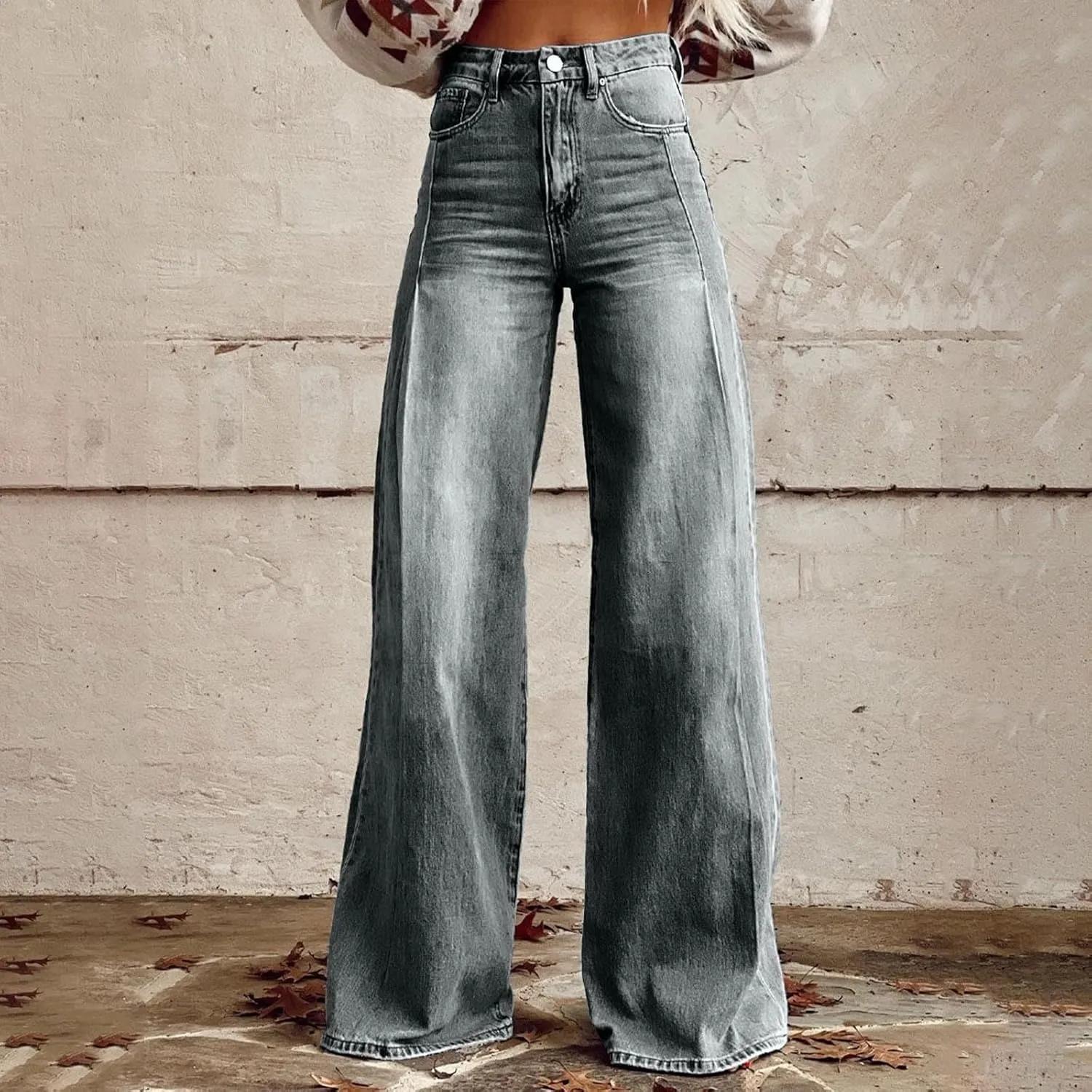 Womens Vintage Wide Leg Fashion High Waisted Casual Denim Pants 90s Floral Printed Pull On Baggy Trousers 3