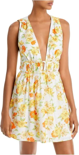Womens White Pleated Zippered Lined Tie Front Floral Sleeveless V Neck Mini Fit   Flare Dress 10