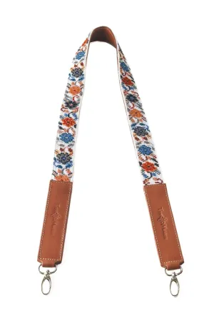Woven Bag Strap - Flowers Dark with Camel Leather, Purse Strap Replacement Crossbody, Handbag Wide Shoulder Strap, Handmade Embroidered Crossbody Strap, Camera Strap, Luggage Strap